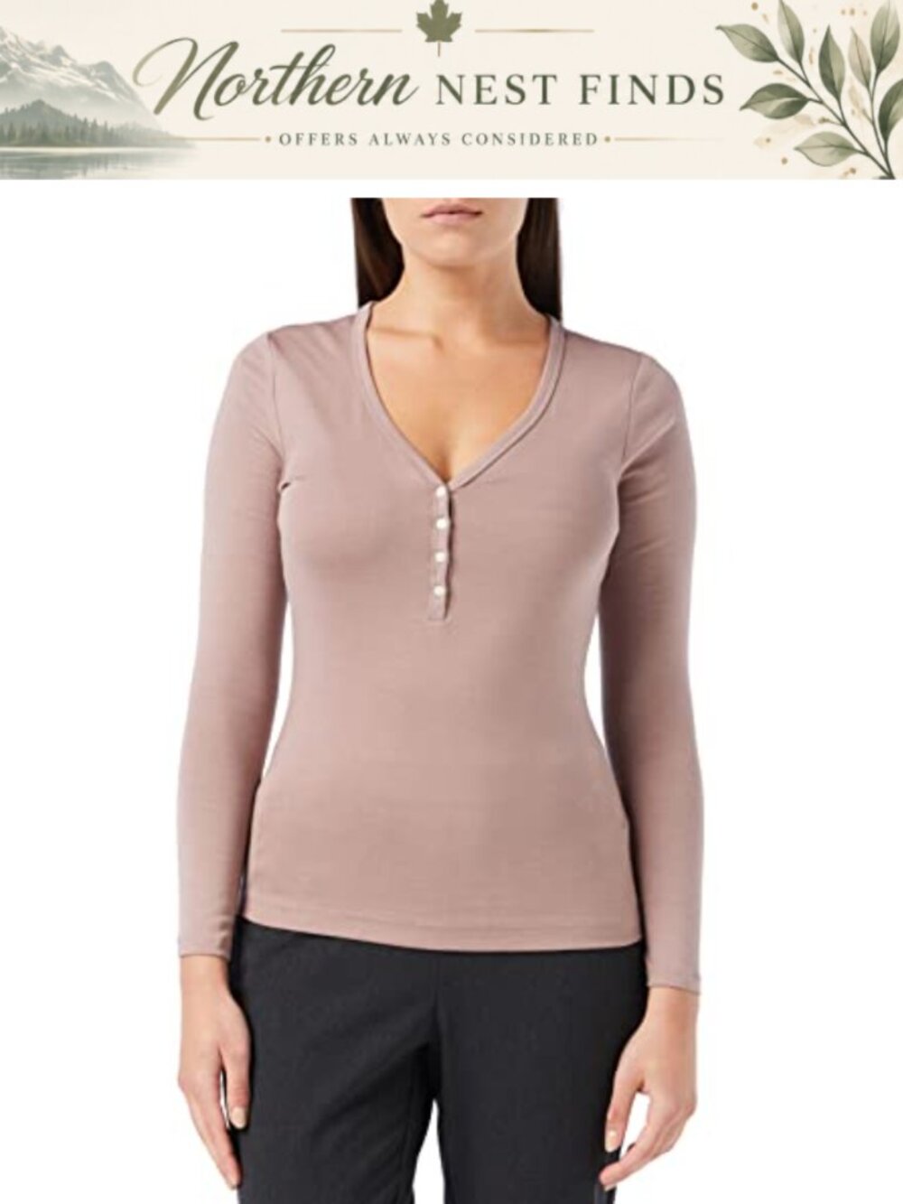Womens Slim Fit Ribbed Knit Long Sleeve Henley T-Shirt Cotton Modal